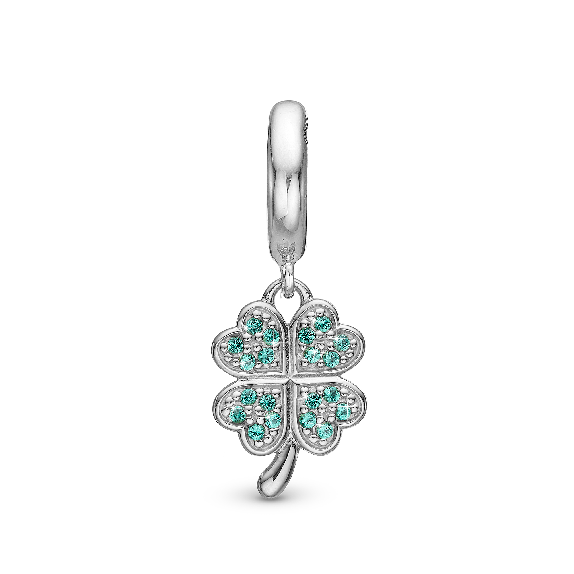 Lucky Clover Drop Charm 6 mm for Leather Bracelet - Sterling Silver with 20 Greenne Cubic Zirkonia