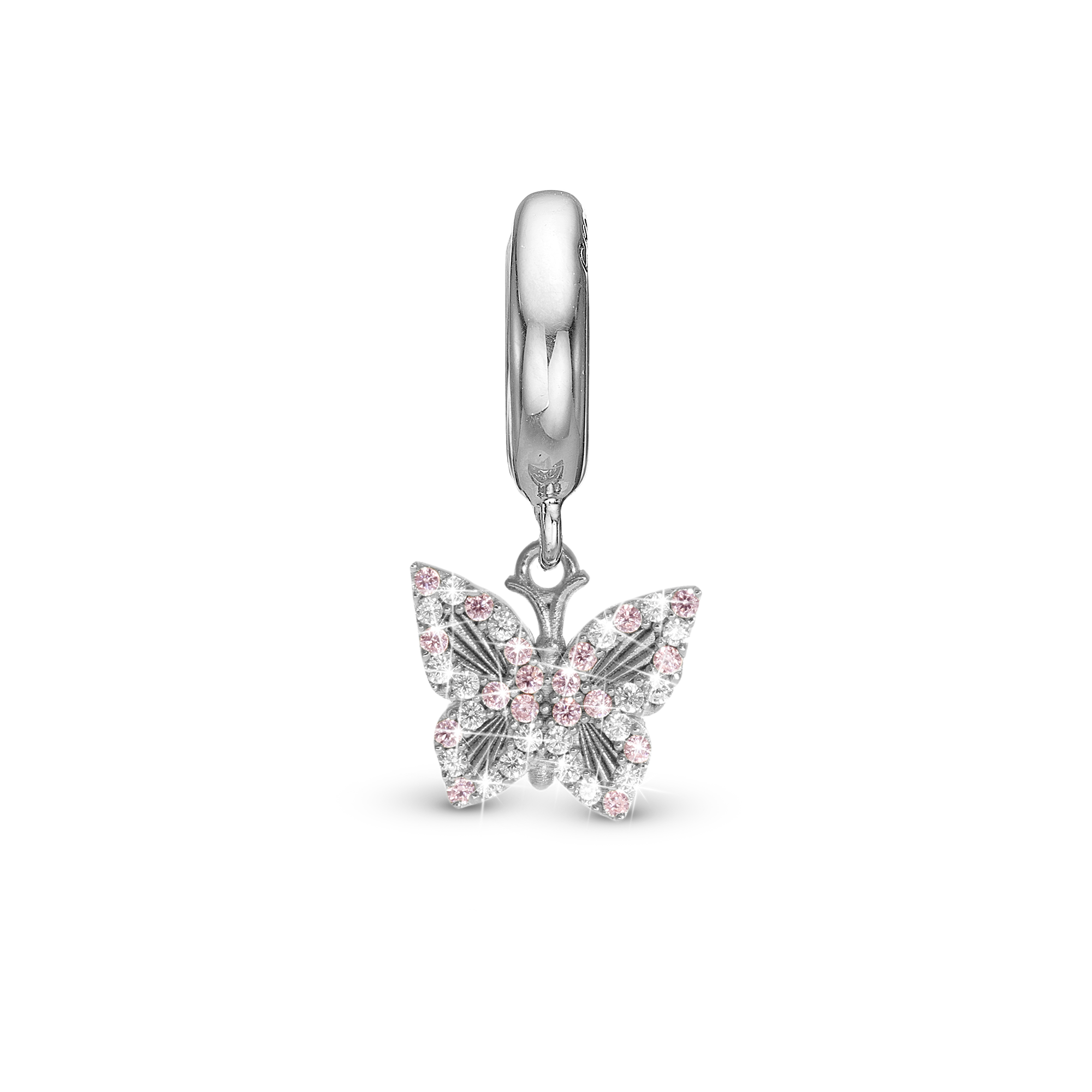 Sparkling Butterfly Drop Charm 6 mm for Leather Bracelet - Polished Sterling Silver with 20 white Cubic Zirkonia