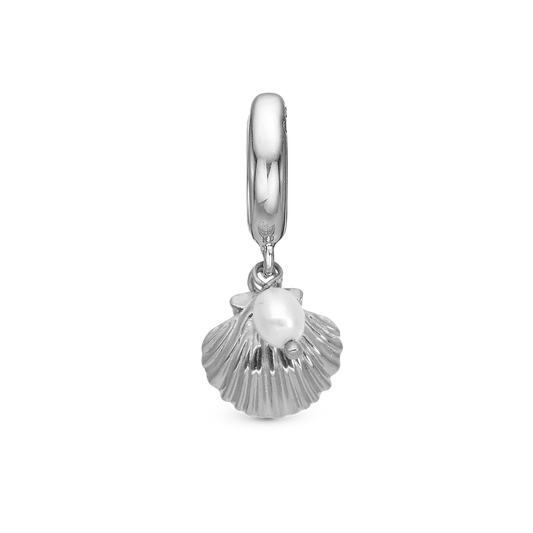 Clam shell Drop Earring Charm 6 mm for Bracelet - Polished Sterling Silver with 1 Ferskvandsperle