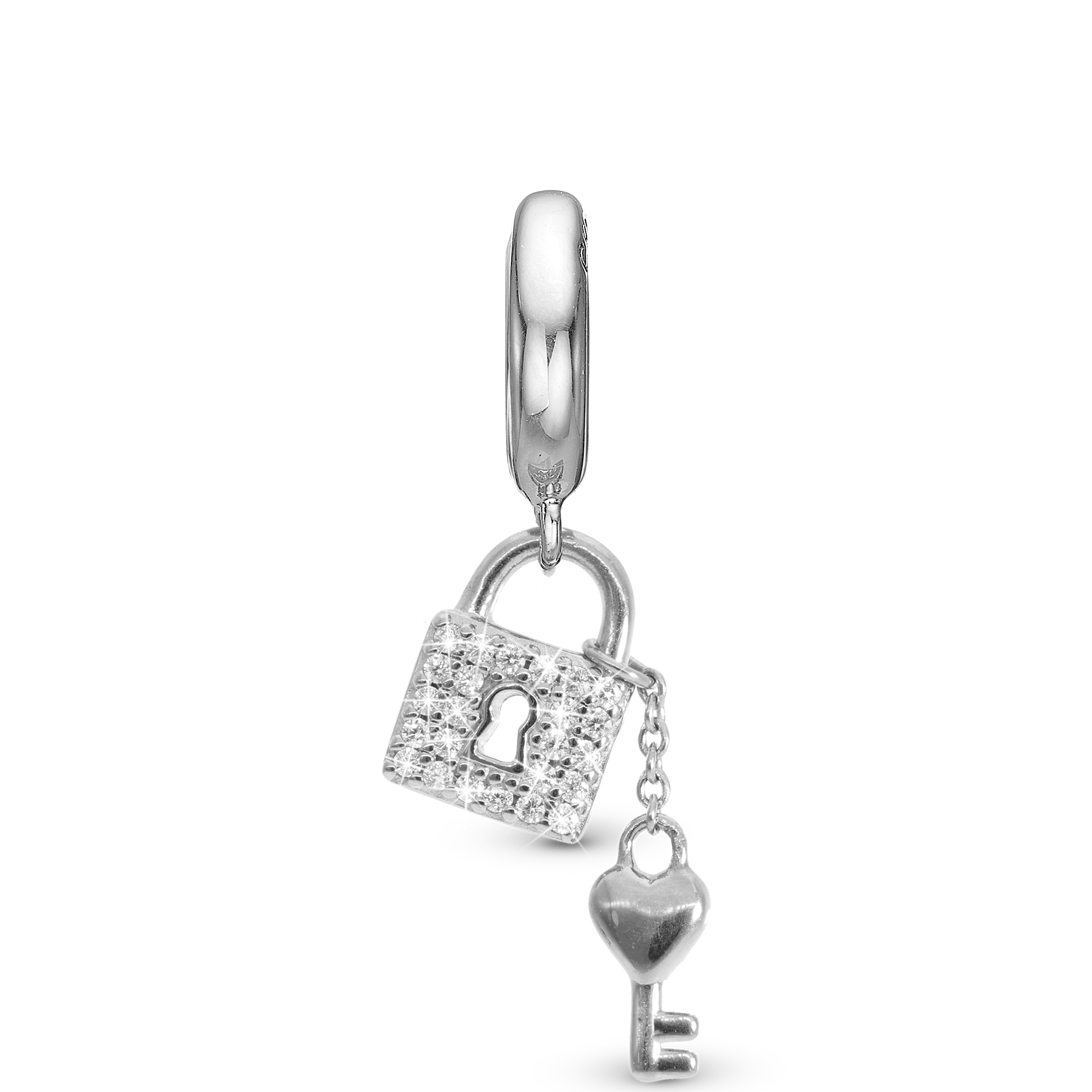 Unlock my Heart Hænger Charm 6 mm Til Armbånd - Blankpoleret Sterling Sølv m. 24 Hvide Cubic Zirkonia