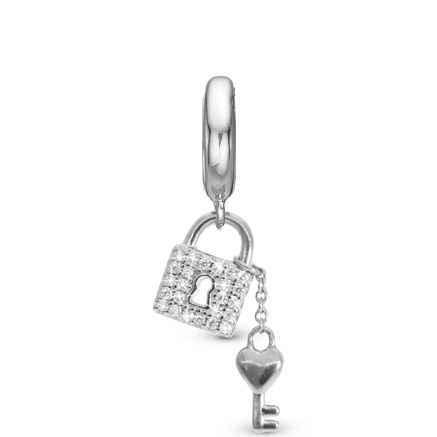 Unlock my Heart Hænger Charm 6 mm Til Armbånd - Blankpoleret Sterling Sølv m. 24 Hvide Cubic Zirkonia