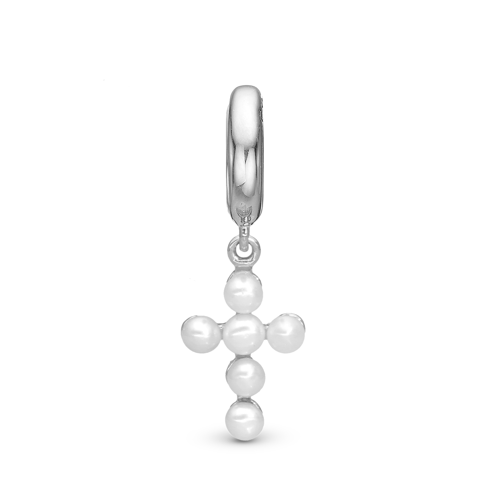 Pearl cross Drop Charm 6 mm for Leather Bracelet - Polished Sterling Silver with 6 white Freshwater pearls