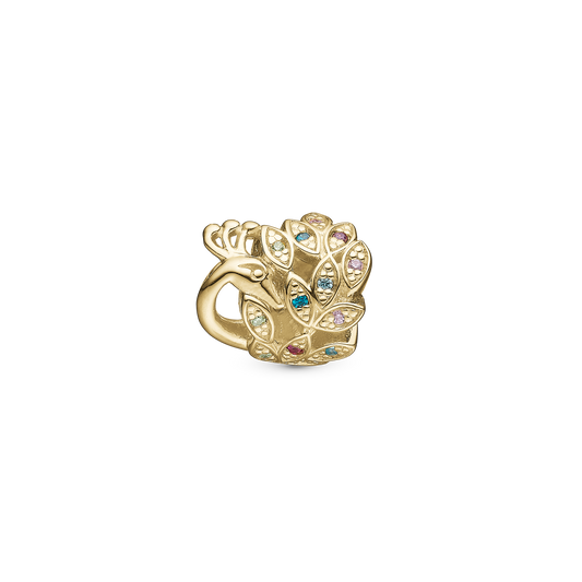 Peacock - Charm 4 mm for Bracelet - Polished Gold Plated Sterling Silver with 13 Cubic Zirkonia