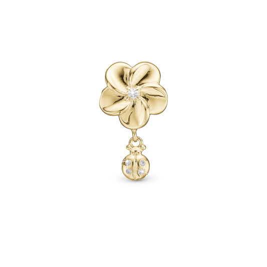 Flower and Ladybird - Drop Earring Charm 4 mm for Bracelet - Gold Plated Sterling Silver with 5 Cubic Zirkonia