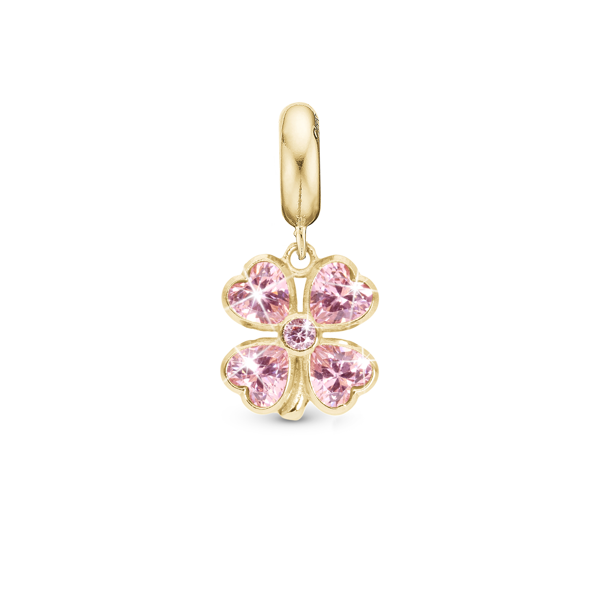 Pink Heart Clover - Dangle Charm 4 mm with Bracelet - Polished Gold-Plated Sterling Silver with 5 Cubic Zirconia
