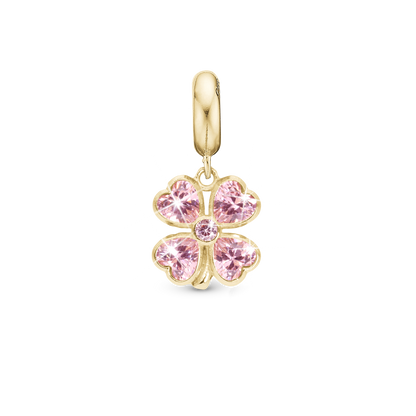 Pink Heart Clover - Dangle Charm 4 mm with Bracelet - Polished Gold-Plated Sterling Silver with 5 Cubic Zirconia