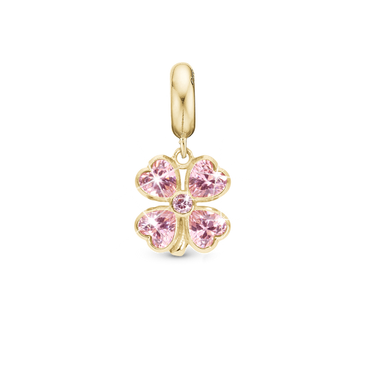Pink Heart Clover - Dangle Charm 4 mm with Bracelet - Polished Gold-Plated Sterling Silver with 5 Cubic Zirconia