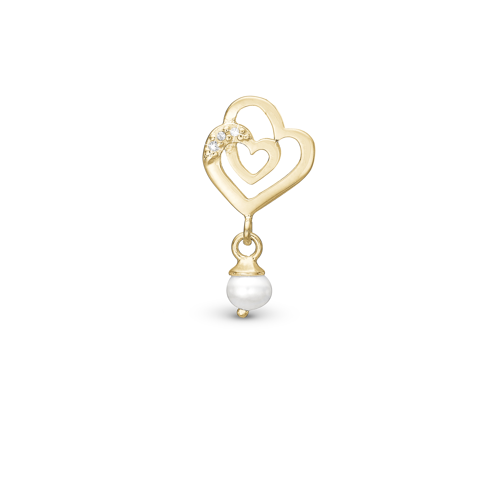 Two Hearts - Drop Charm 4 mm for Bracelet - Polished Gold Plated Sterling Silver with 3 Cubic Zirkonia