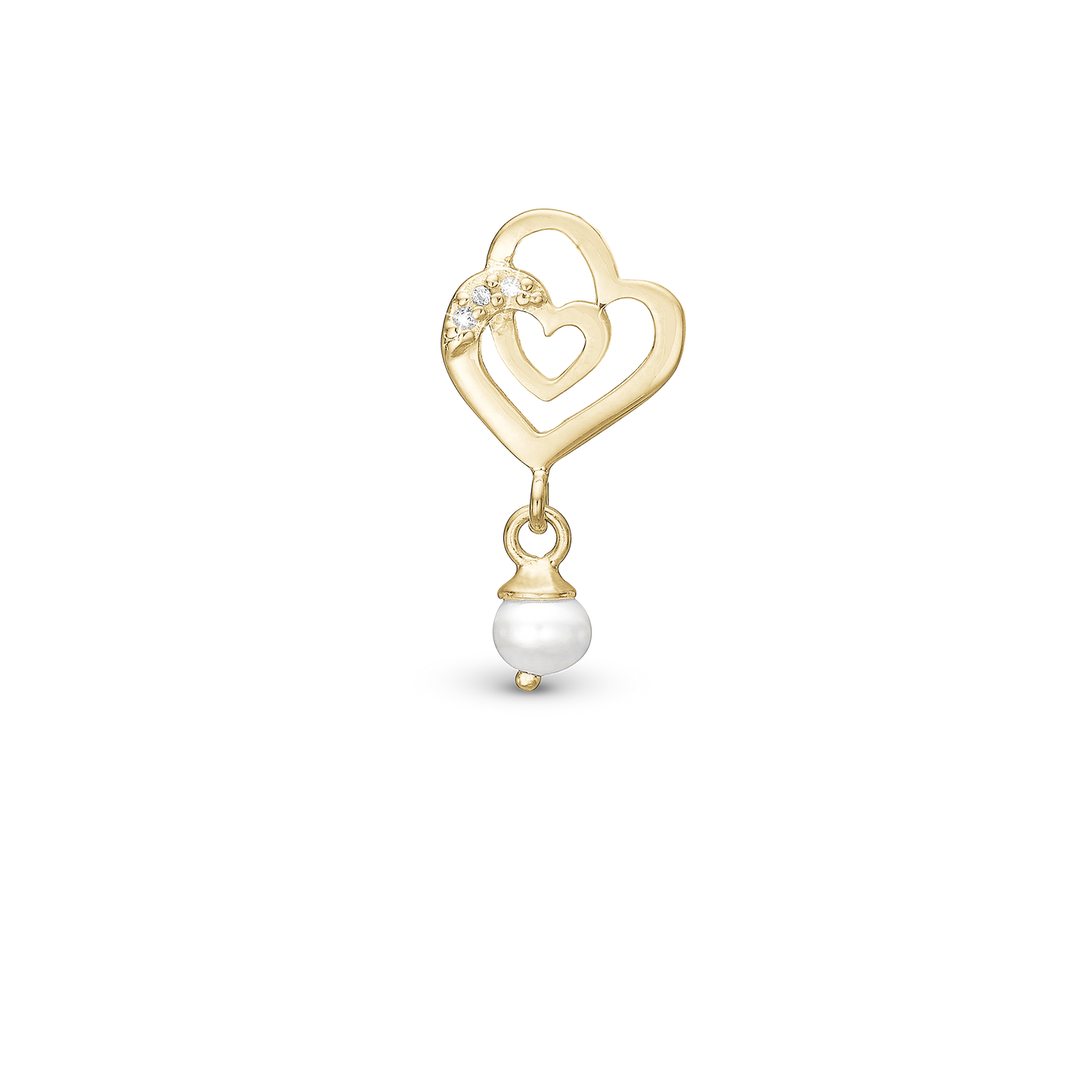 Two Hearts - Drop Earring Charm 4 mm for Bracelet - Polished Gold Plated Sterling Silver with 3 Cubic Zirkonia