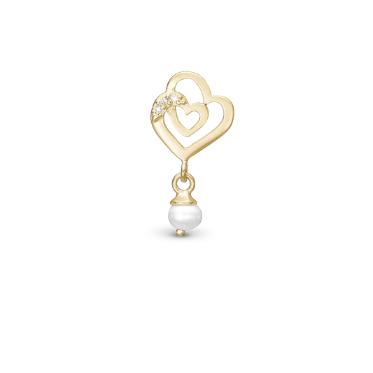 Two Hearts - Drop Earring Charm 4 mm for Bracelet - Polished Gold Plated Sterling Silver with 3 Cubic Zirkonia