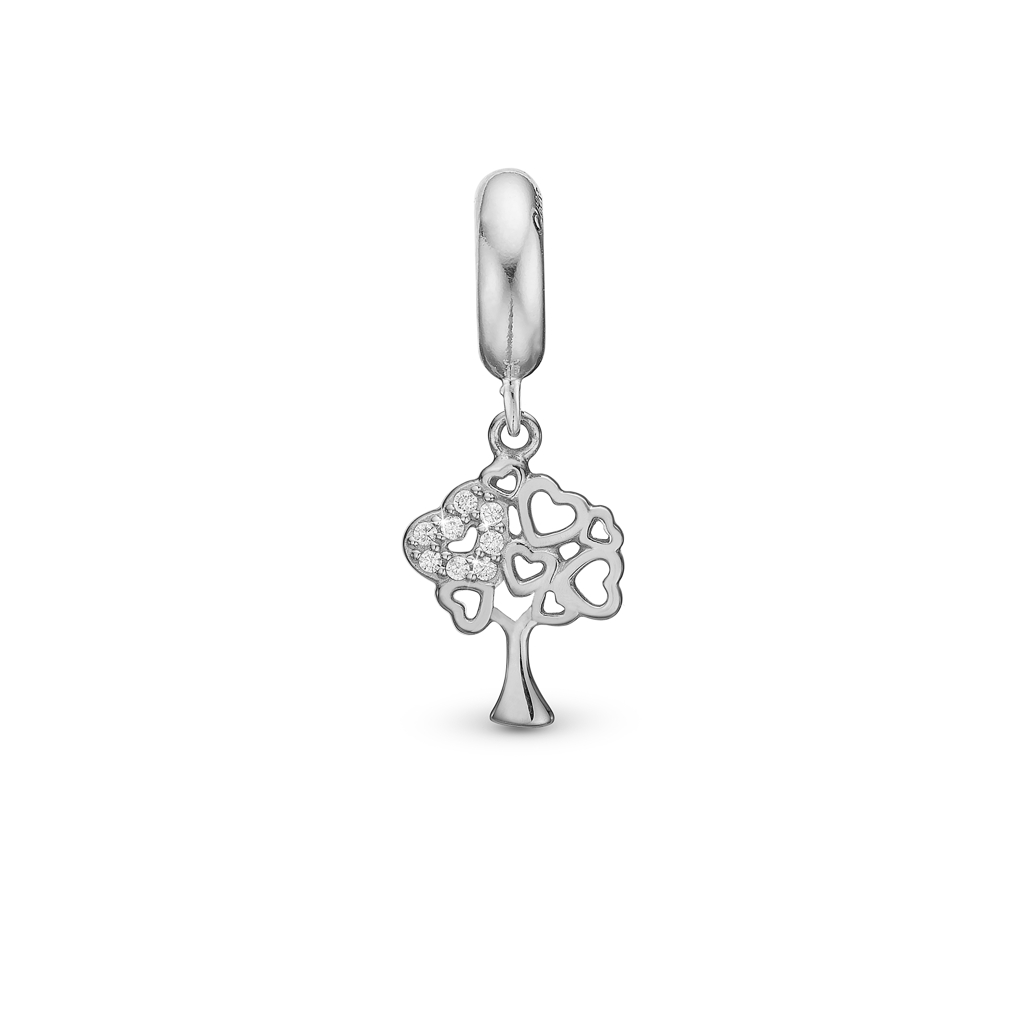 Tree of Hearts - Drop Charm 4 mm for Bracelet - Polished Sterling Silver with 8 Cubic Zirkonia