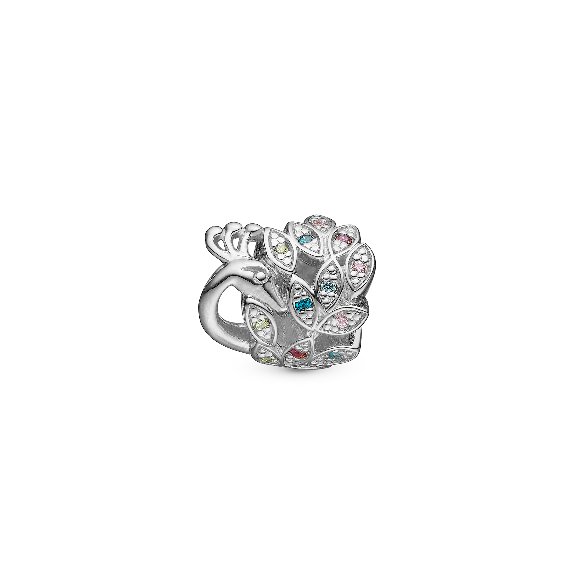 Peacock - Charm 4 mm for Bracelet - Polished Sterling Silver with 13 Cubic Zirkonia