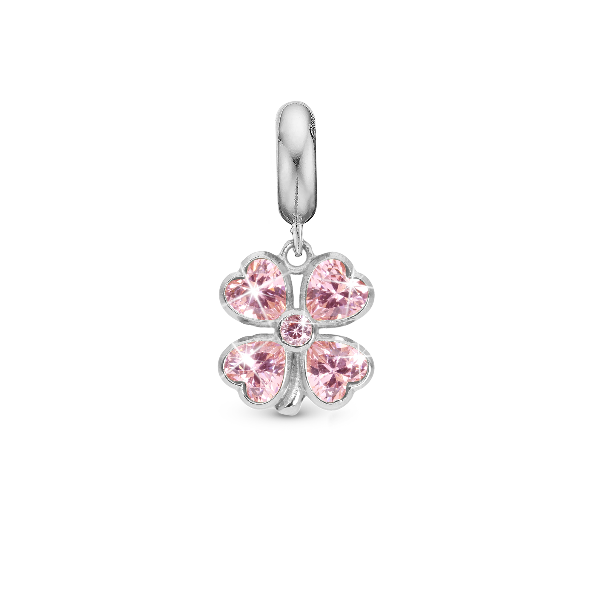 Pink Heart Clover - Drop Charm 4 mm for Bracelet - Polished Sterling Silver with 5 Cubic Zirkonia