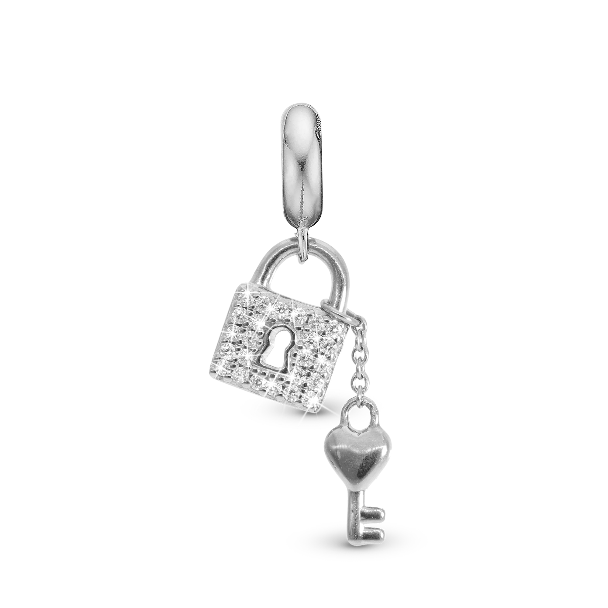 Unlock my Heart - Dangle Charm 4 mm with Bracelet - Polished Sterling Silver with 24 Cubic Zirconia
