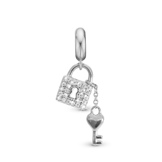 Unlock my Heart - Dangle Charm 4 mm with Bracelet - Polished Sterling Silver with 24 Cubic Zirconia