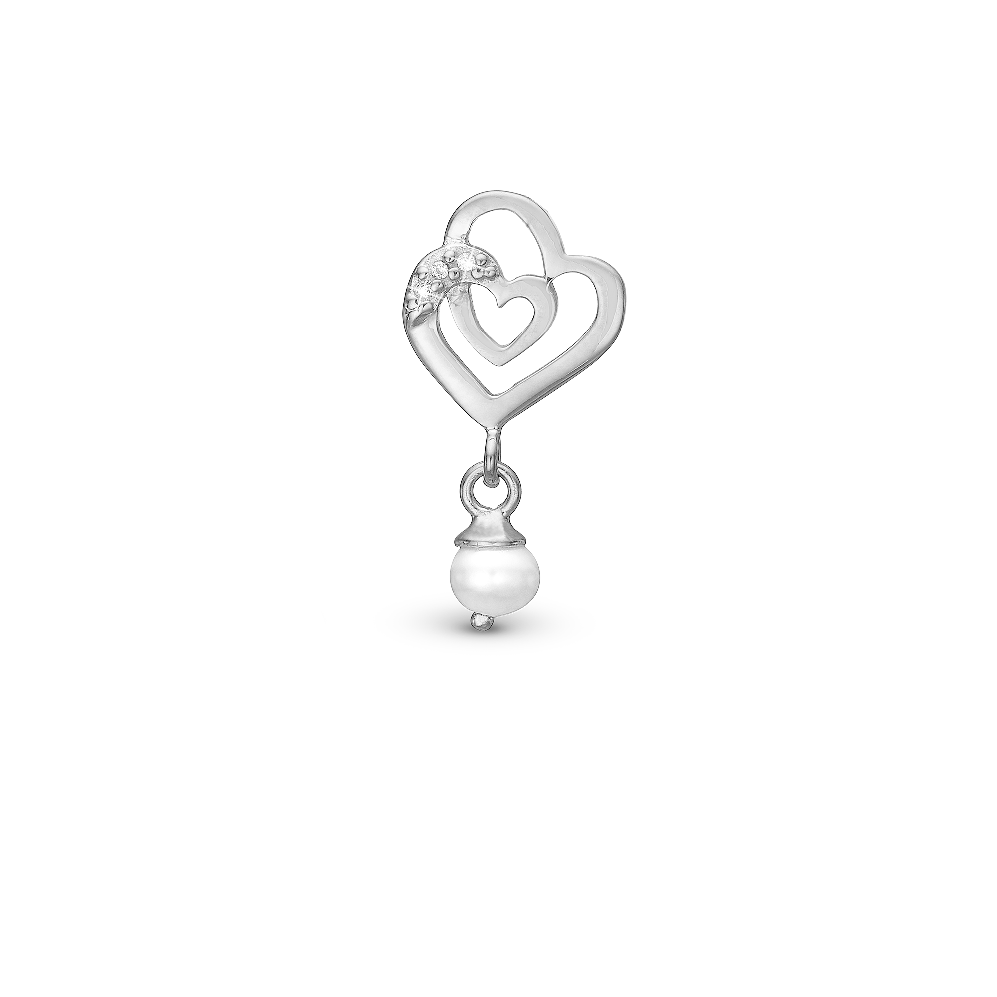 Two Hearts - Drop Charm 4 mm for Bracelet - Polished Sterling Silver with 3 Cubic Zirkonia