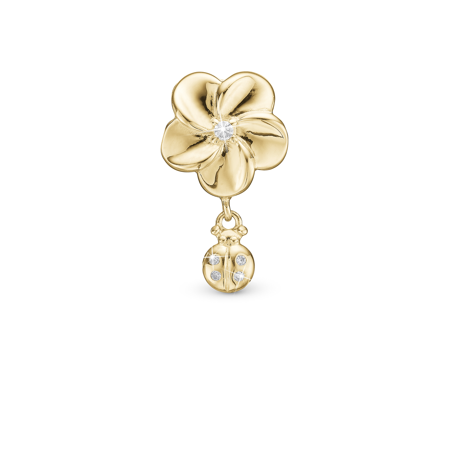Flower and Ladybird Charm 6 mm for Classic Leather Bracelet - Gold Plated Sterling Silver with 5 white Cubic Zirkonia
