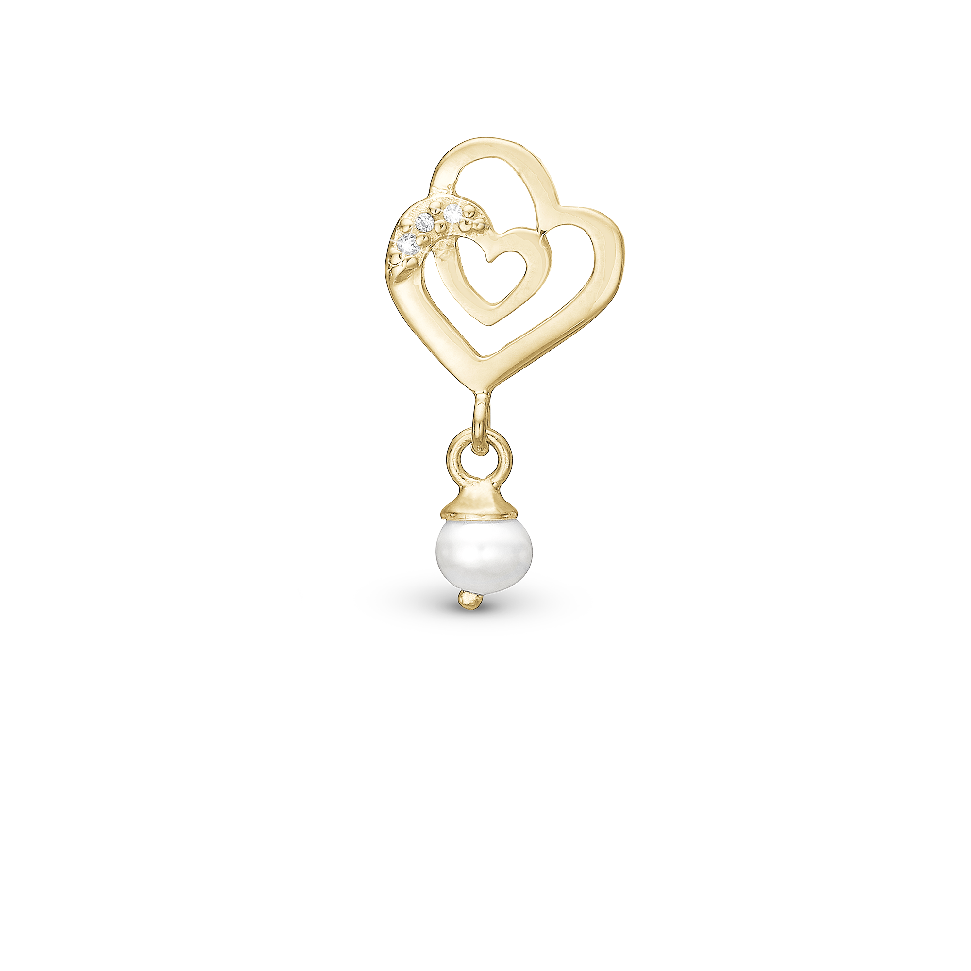 Two Hearts Charm 6 mm for Classic Leather Bracelet - Polished Gold Plated Sterling Silver with 19 white Cubic Zirkonia