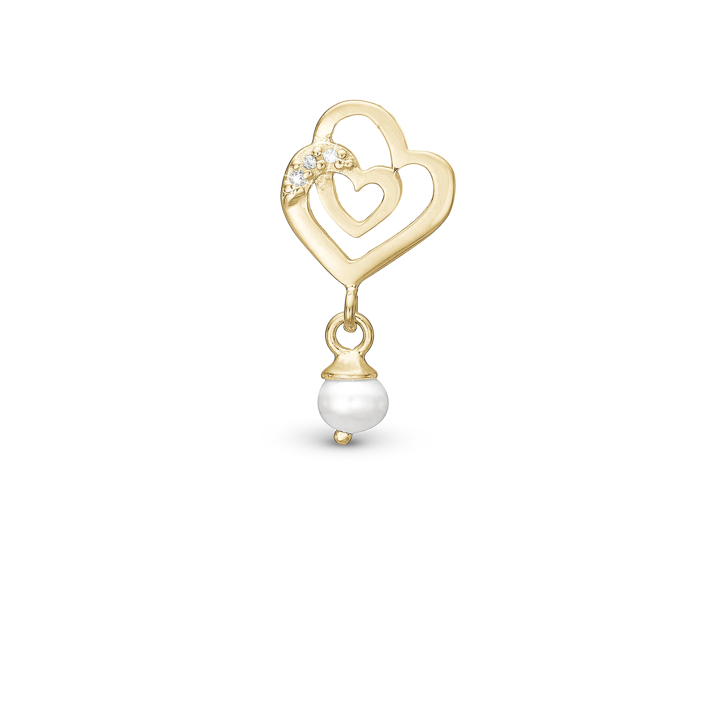 Two Hearts Charm 6 mm for Classic Leather Bracelet - Polished Gold Plated Sterling Silver with 19 white Cubic Zirkonia