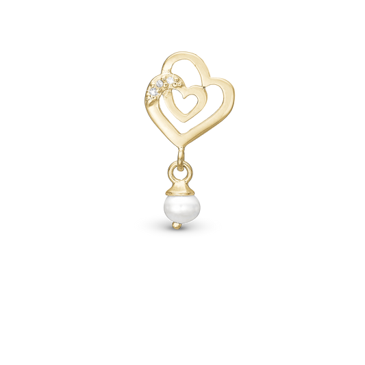 Two Hearts Charm 6 mm for Classic Leather Bracelet - Polished Gold Plated Sterling Silver with 19 white Cubic Zirkonia