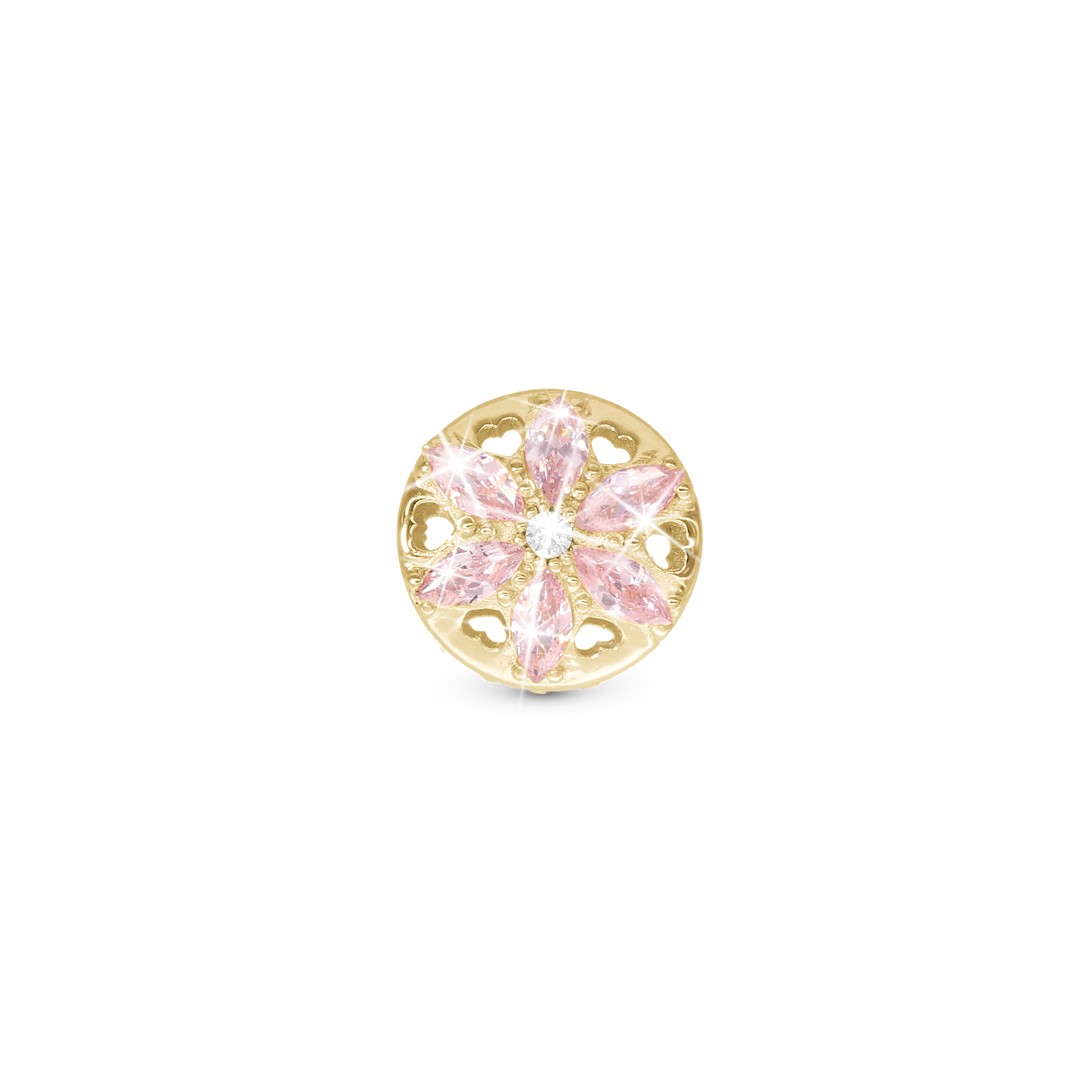 Sparkling pink flower Charm 6 mm for Classic Leather Bracelet - Polished Gold Plated Sterling Silver with 3 white Ferskvandsperler