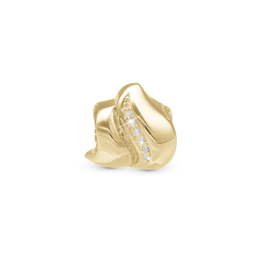 Majestic wave Charm 6 mm for Classic Leather Bracelet - Polished Gold Plated Sterling Silver with 6 white Cubic Zirkonia