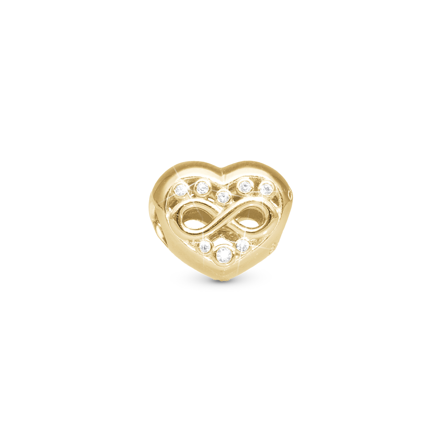 Eternity Love Heart Charm 6 mm for Classic Leather Bracelet – Polished Gold-Plated Sterling Silver with 16 White Cubic Zirconia