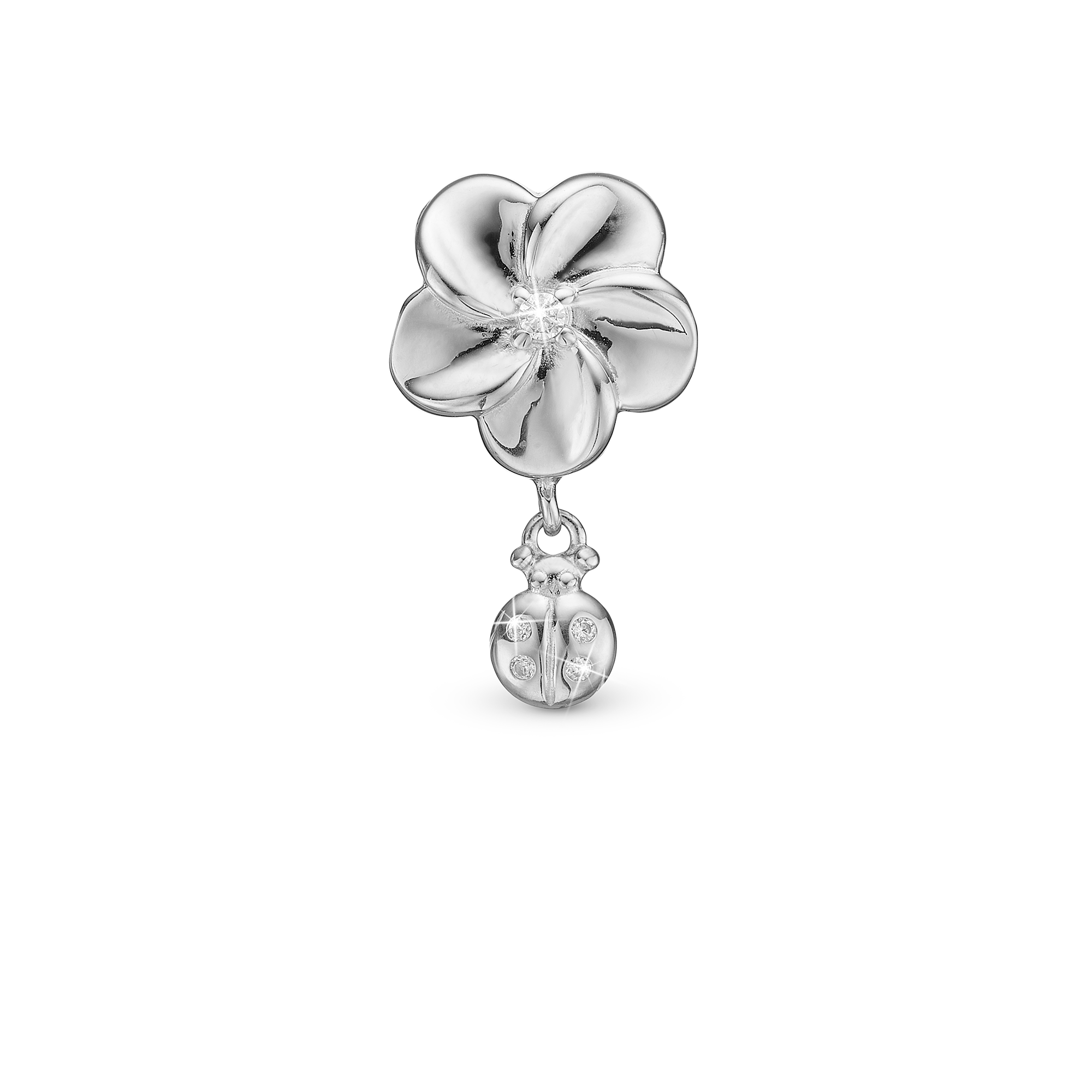 Flower and Ladybird Charm 6 mm for Classic Leather Bracelet - Sterling Silver with 5 white Cubic Zirkonia