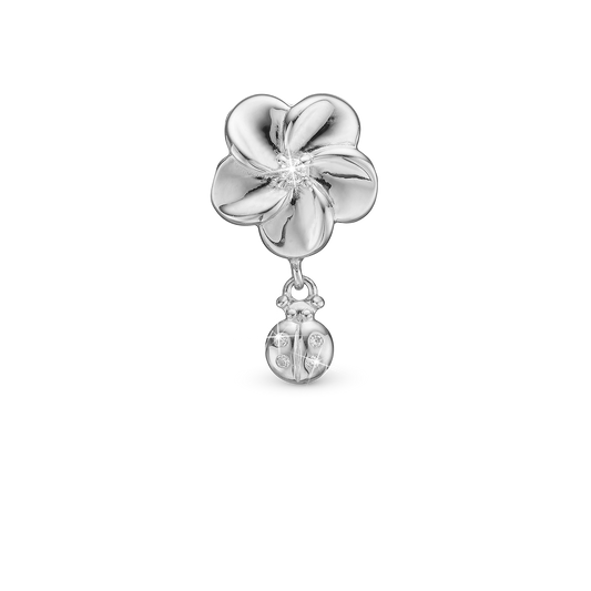 Flower and Ladybird Charm 6 mm for Classic Leather Bracelet - Sterling Silver with 5 white Cubic Zirkonia