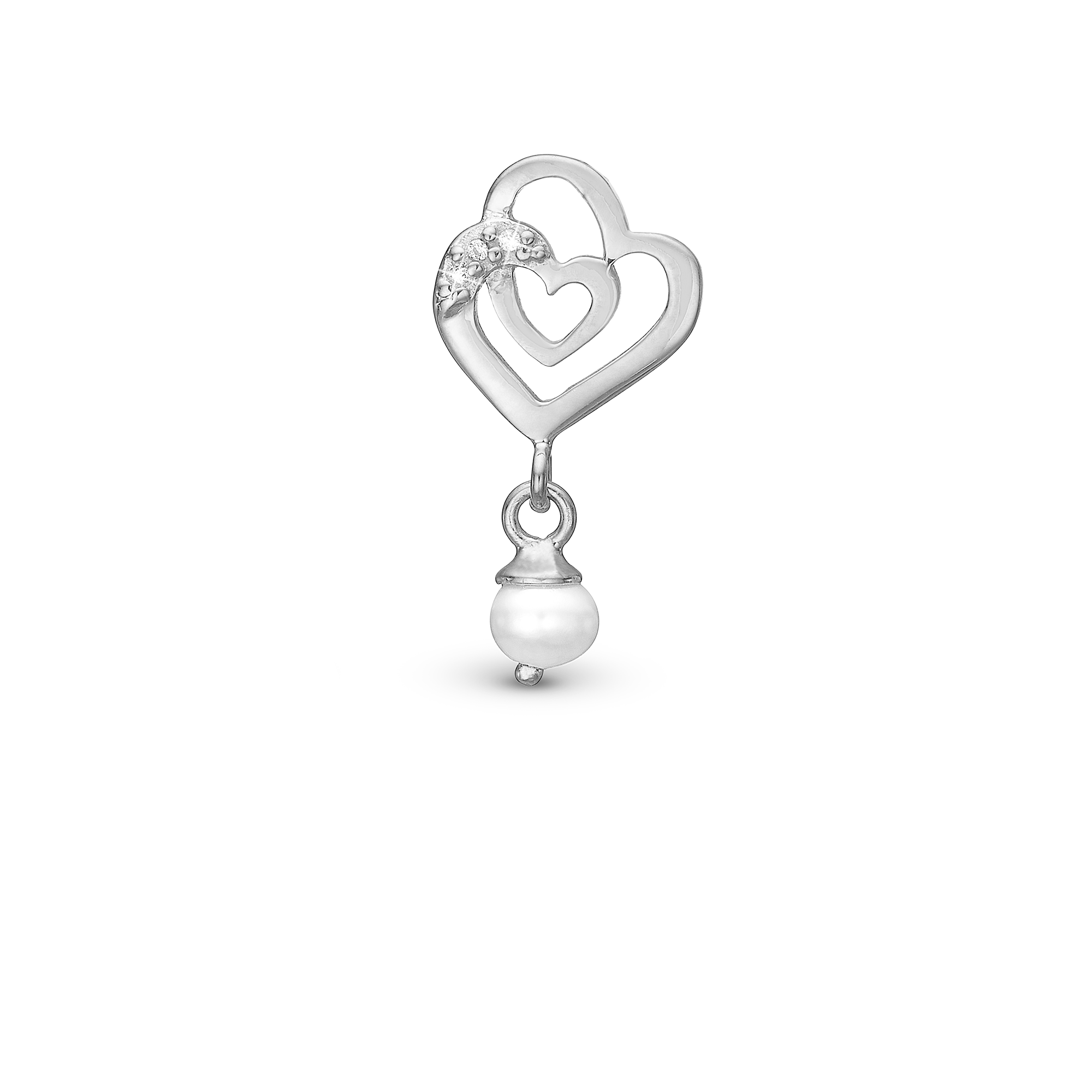 Two Hearts Charm 6 mm for Classic Leather Bracelet - Polished Sterling Silver with 3 white Cubic Zirkonia