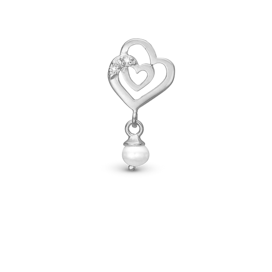Two Hearts Charm 6 mm for Classic Leather Bracelet - Polished Sterling Silver with 3 white Cubic Zirkonia