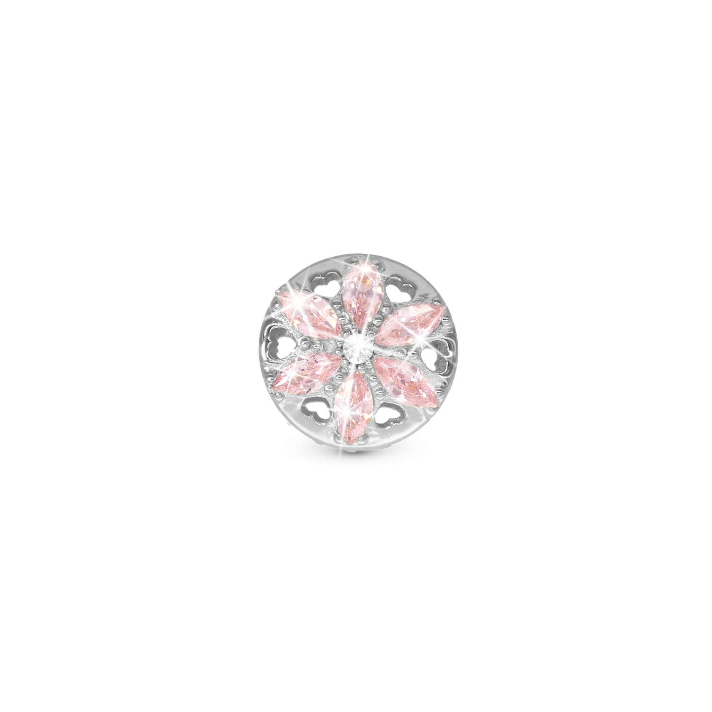 Sparkling pink flower Charm 6 mm for Classic Leather Bracelet - Polished Sterling Silver with 3 white Ferskvandsperler