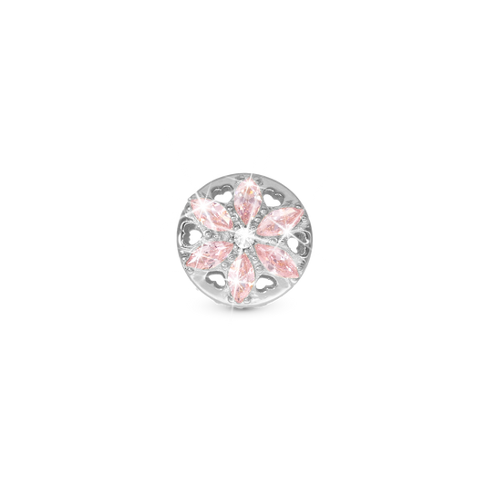 Sparkling pink flower Charm 6 mm for Classic Leather Bracelet - Polished Sterling Silver with 3 white Ferskvandsperler