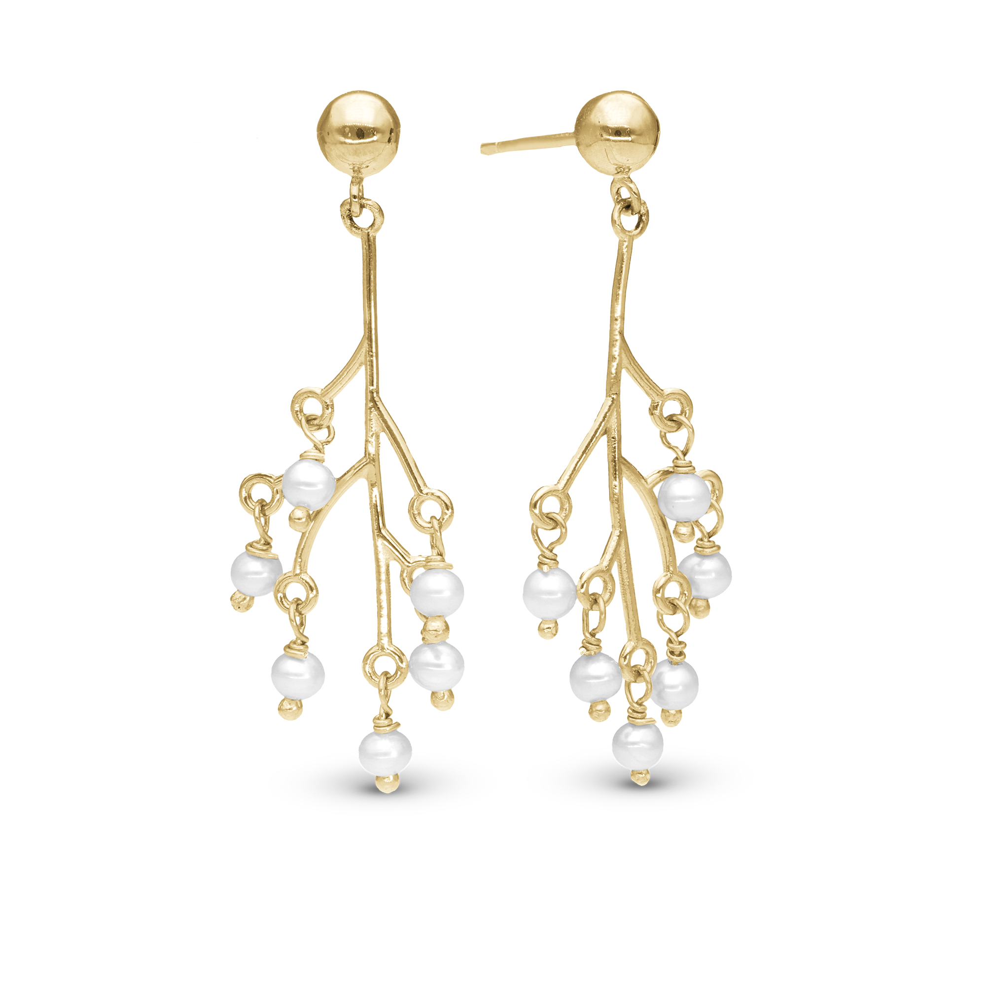 Cherry tree Dangle Earring - Polished Gold Plated Sterling Silver with 12 white Freshwater Pearls