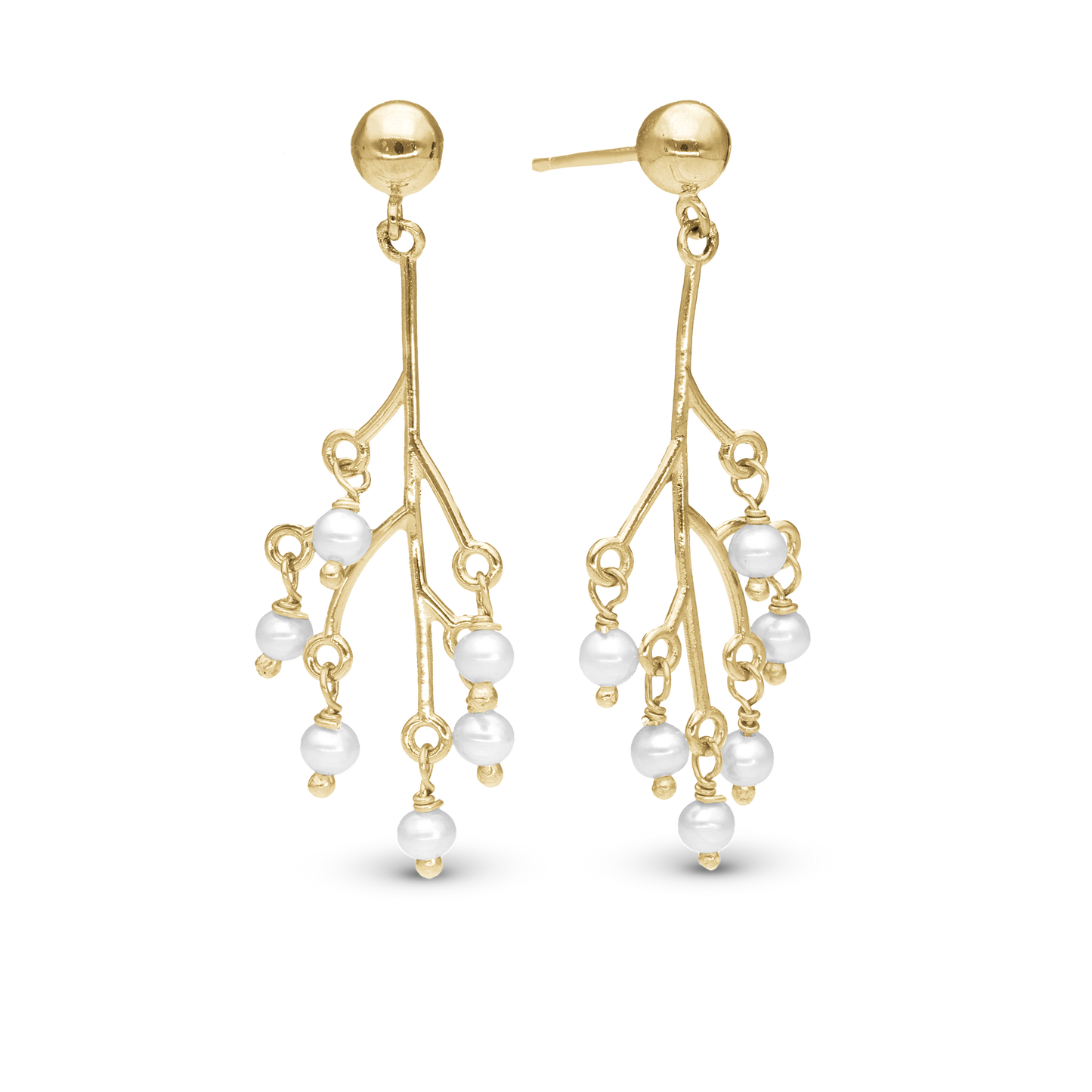 Cherry tree Dangle Earring - Polished Gold Plated Sterling Silver with 12 white Ferskvandsperler