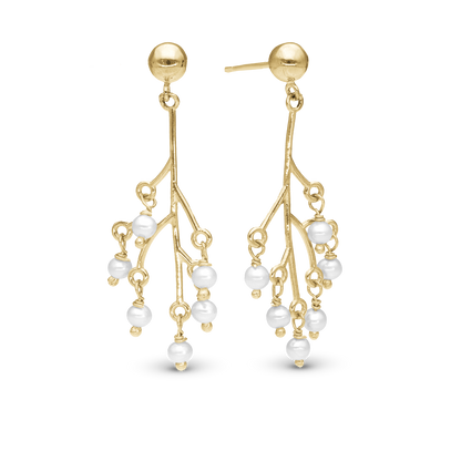 Cherry tree Dangle Earring - Polished Gold Plated Sterling Silver with 12 white Ferskvandsperler