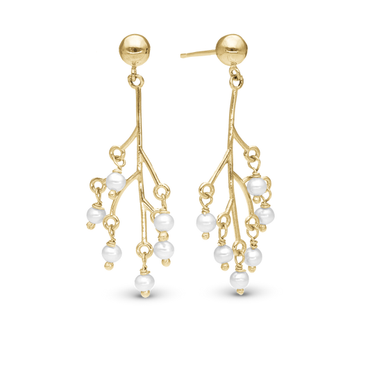 Cherry tree Dangle Earring - Polished Gold Plated Sterling Silver with 12 white Ferskvandsperler