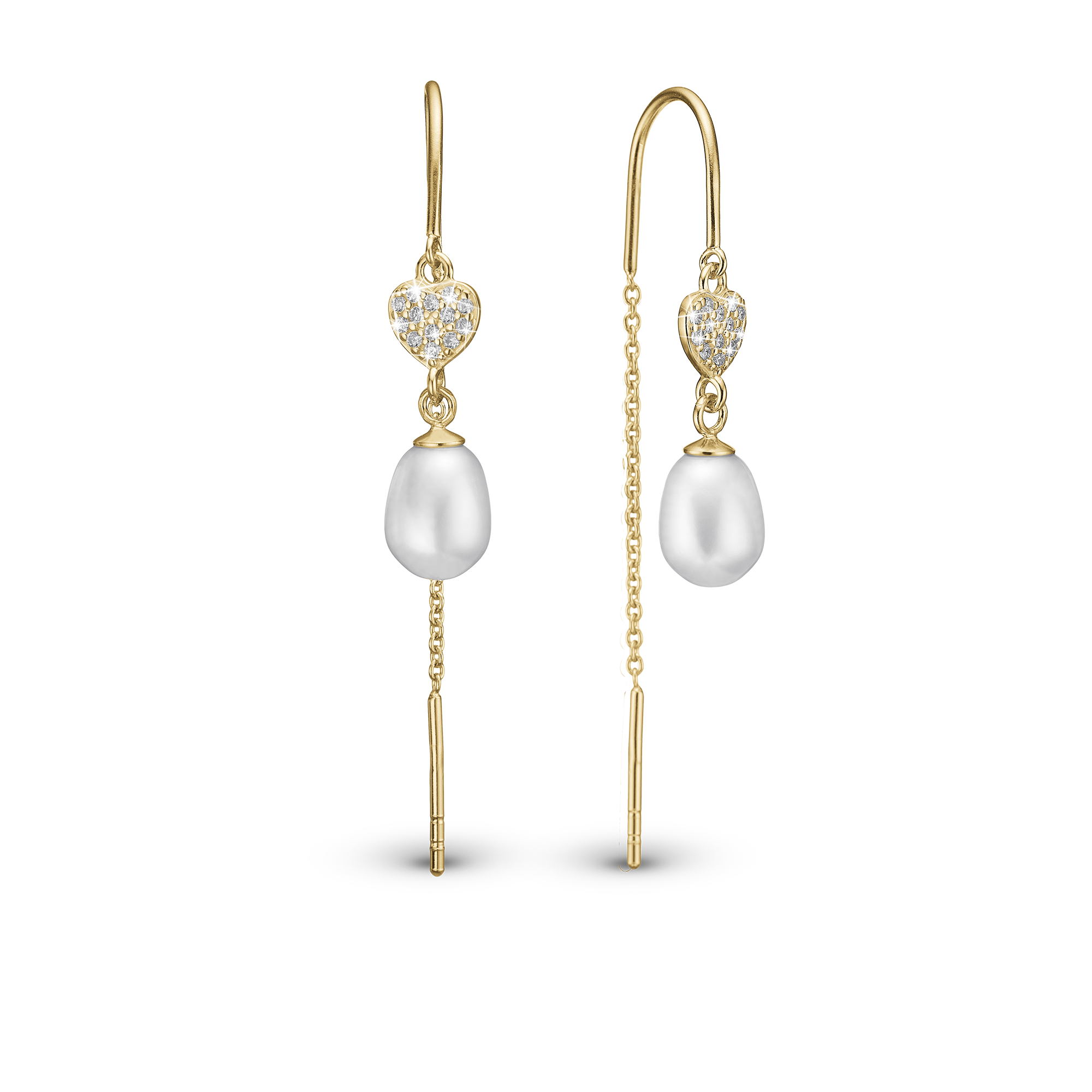 Precious Heart Dangle Earring - Gold Plated Sterling Silver with 28 white Freshwater Pearls