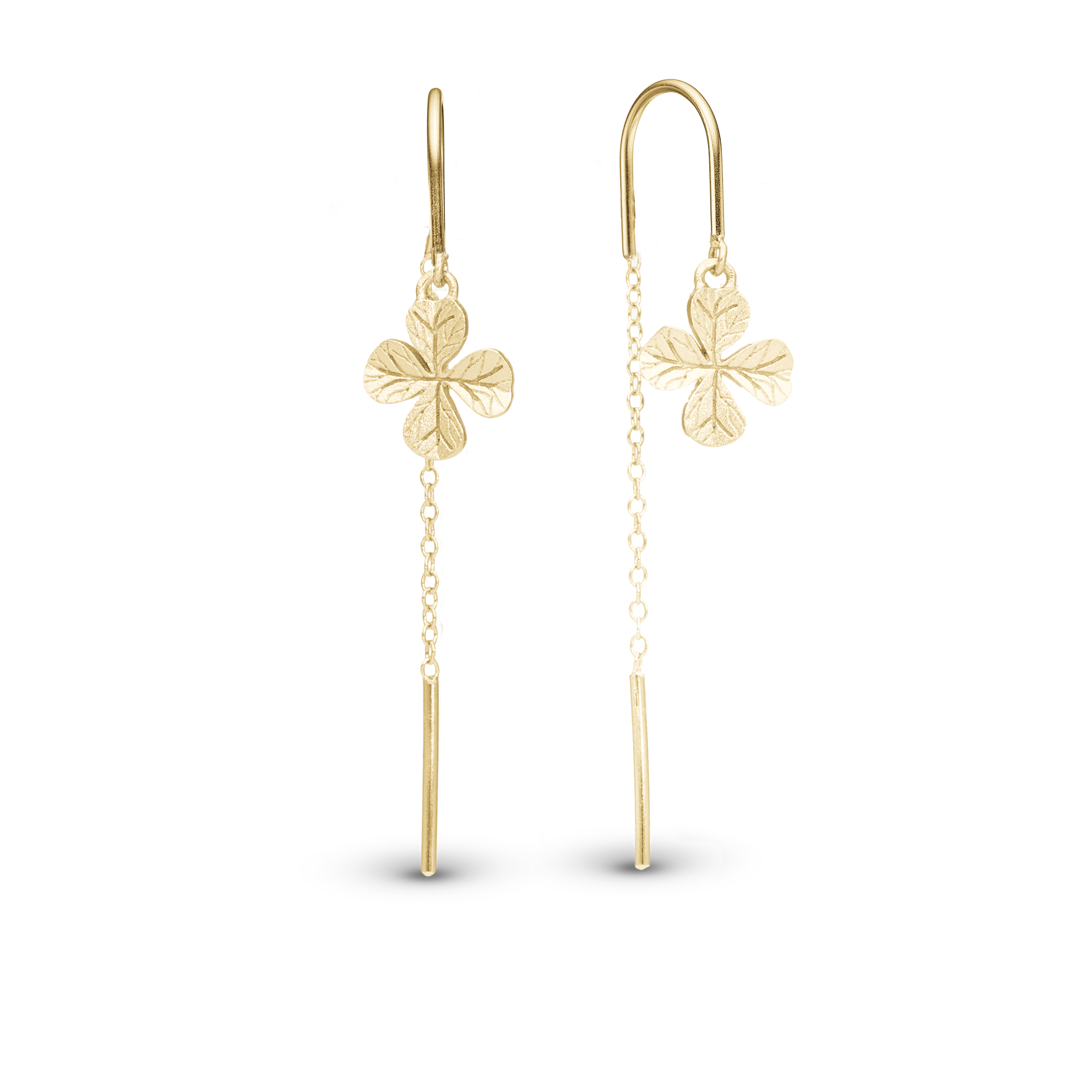 Long FoWatch Leaf Clover Dangle Earring - Brushed Gold Plated Sterling Silver