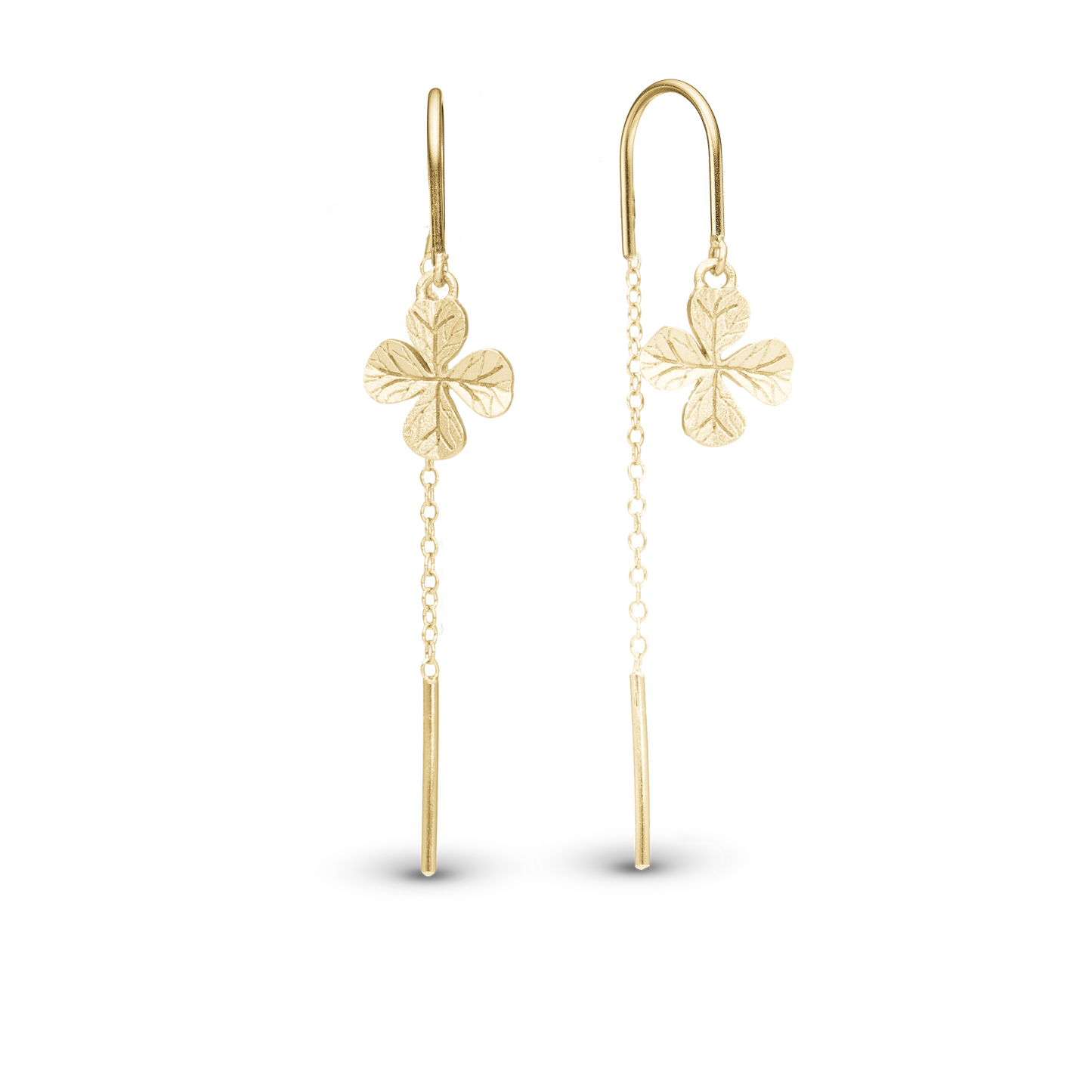 Long FoWatch Leaf Clover Dangle Earring - Brushed Gold Plated Sterling Silver