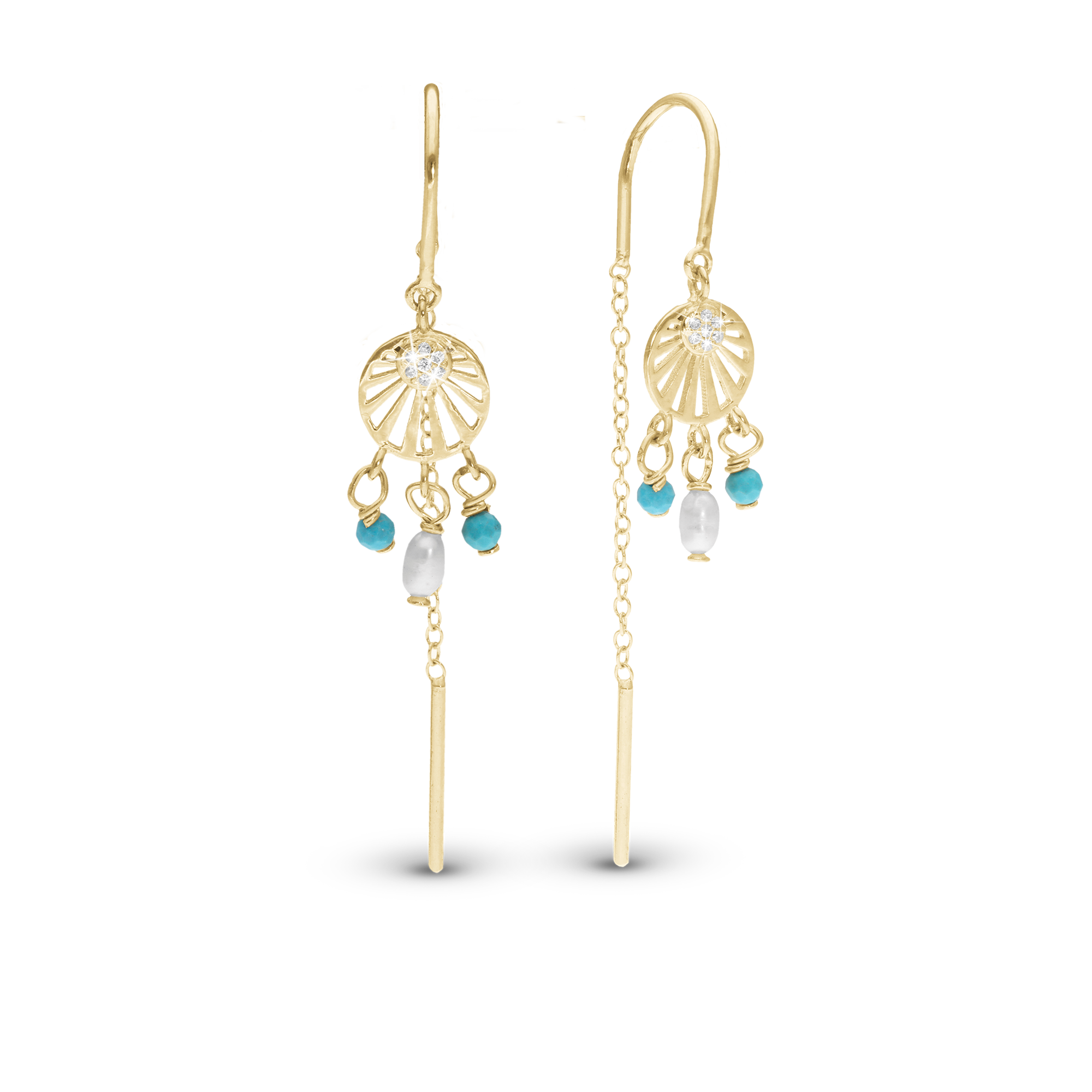 Ocean Sunset Dangle Earring - Polished Gold Plated Sterling Silver with 18 white Cubic Zirkonia