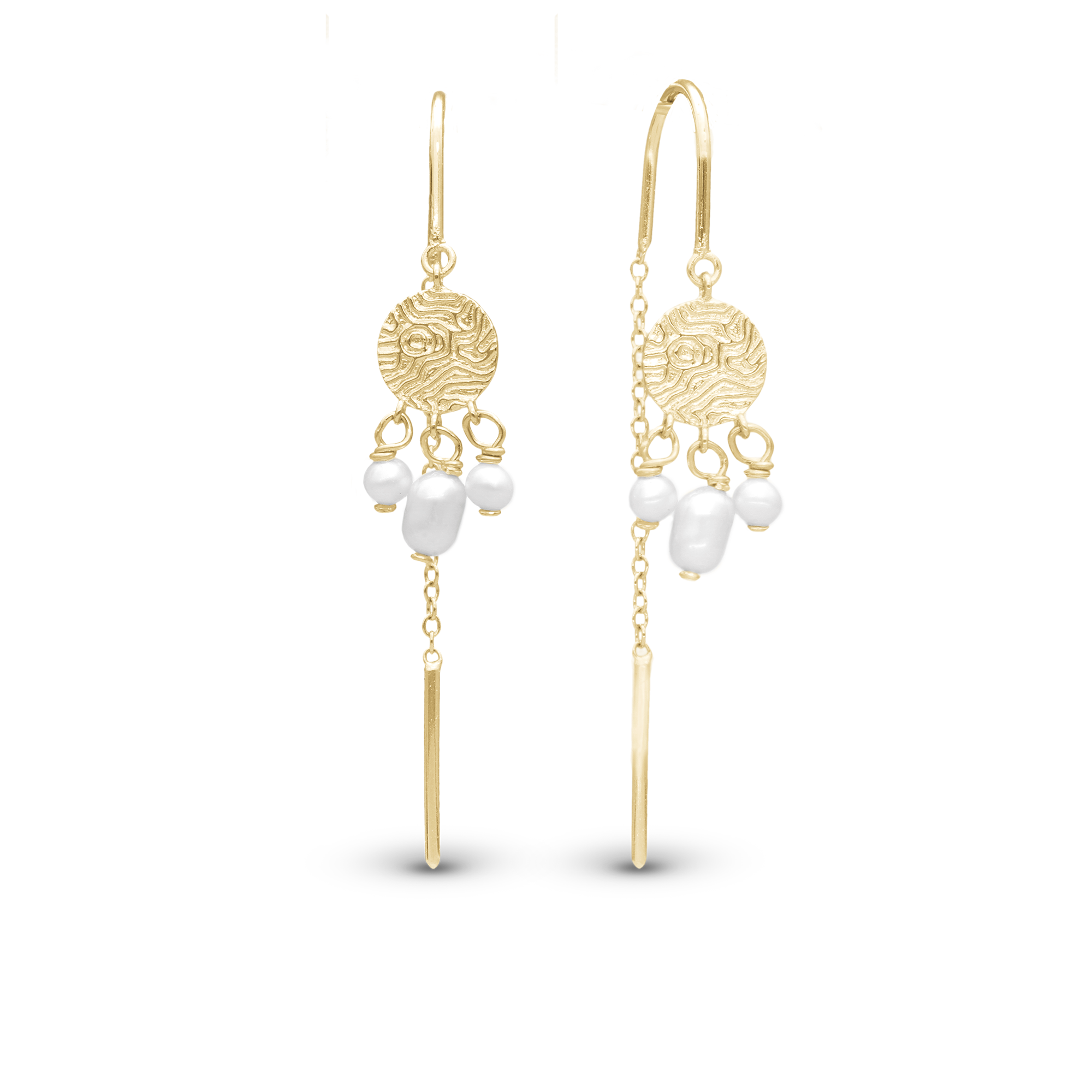 Long Dazzling Imprint Dangle Earring - Polished Gold Plated Sterling Silver with 6 white  Sparkling Gold Plated Sterling Silver with 6 white Freshwater Pearls