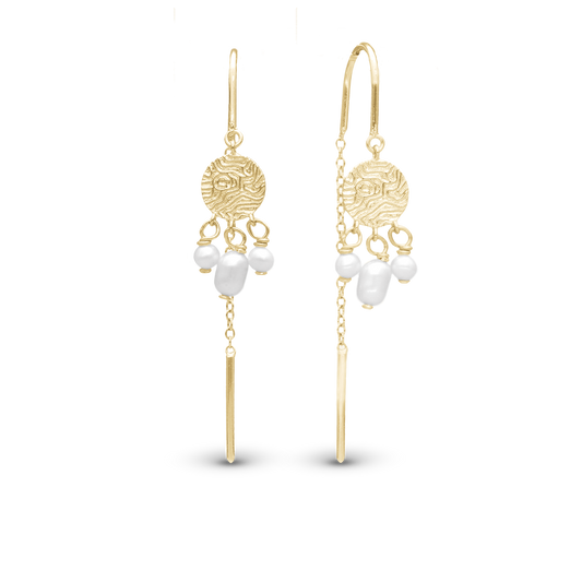 Long Dazzling Imprint Dangle Earring - Polished Gold Plated Sterling Silver with 6 white Ferskvandsperler