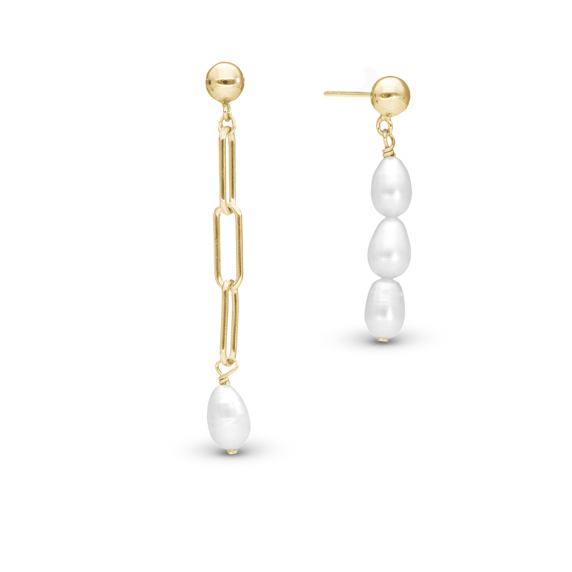 Playful Pearls Dangle Earring - Polished Gold Plated Sterling Silver with 4 white  Sparkling Gold Plated Sterling Silver with 6 white Freshwater Pearls