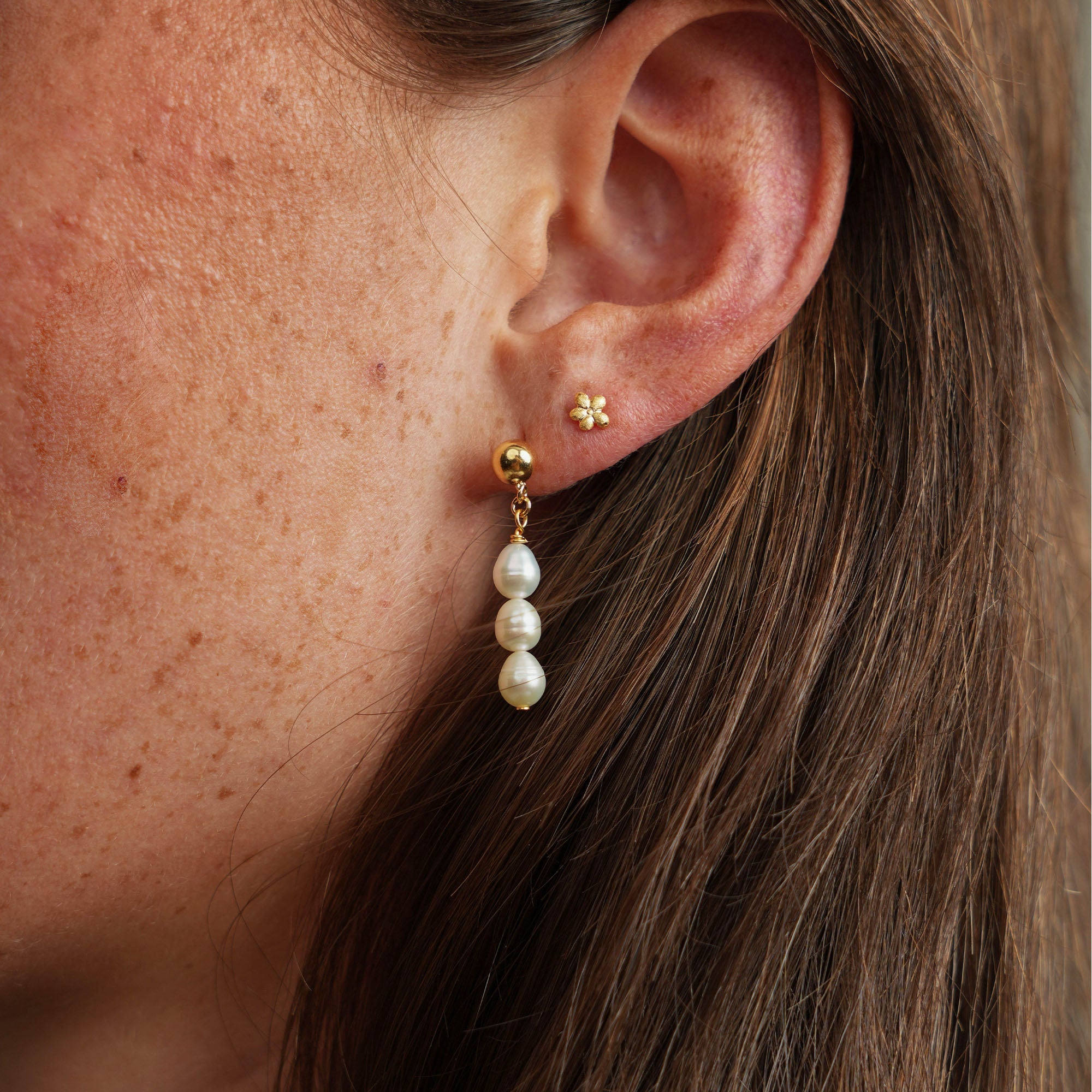 Playful Pearls Dangle Earring - Polished Gold Plated Sterling Silver with 4 white  Sparkling Gold Plated Sterling Silver with 6 white Freshwater Pearls