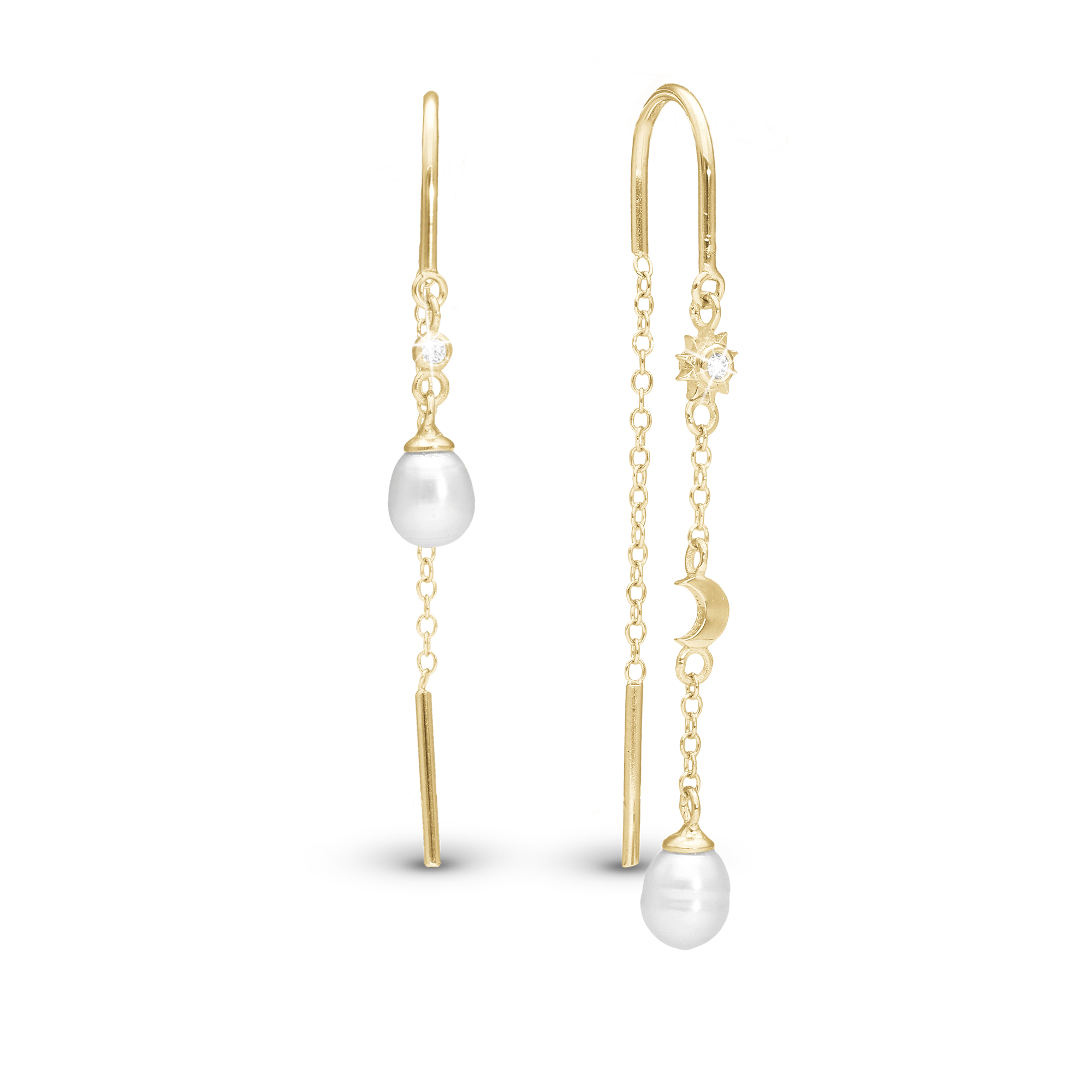 Day & Night Dangle Earring - Polished Gold Plated Sterling Silver with 2 white  Sparkling Gold Plated Sterling Silver with 6 white Freshwater Pearls