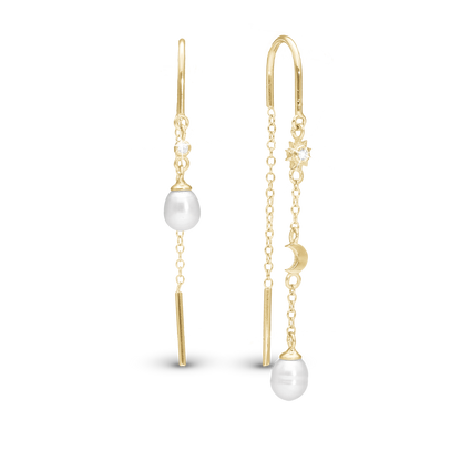 Day & Night Dangle Earring - Polished Gold Plated Sterling Silver with 2 white Ferskvandsperler