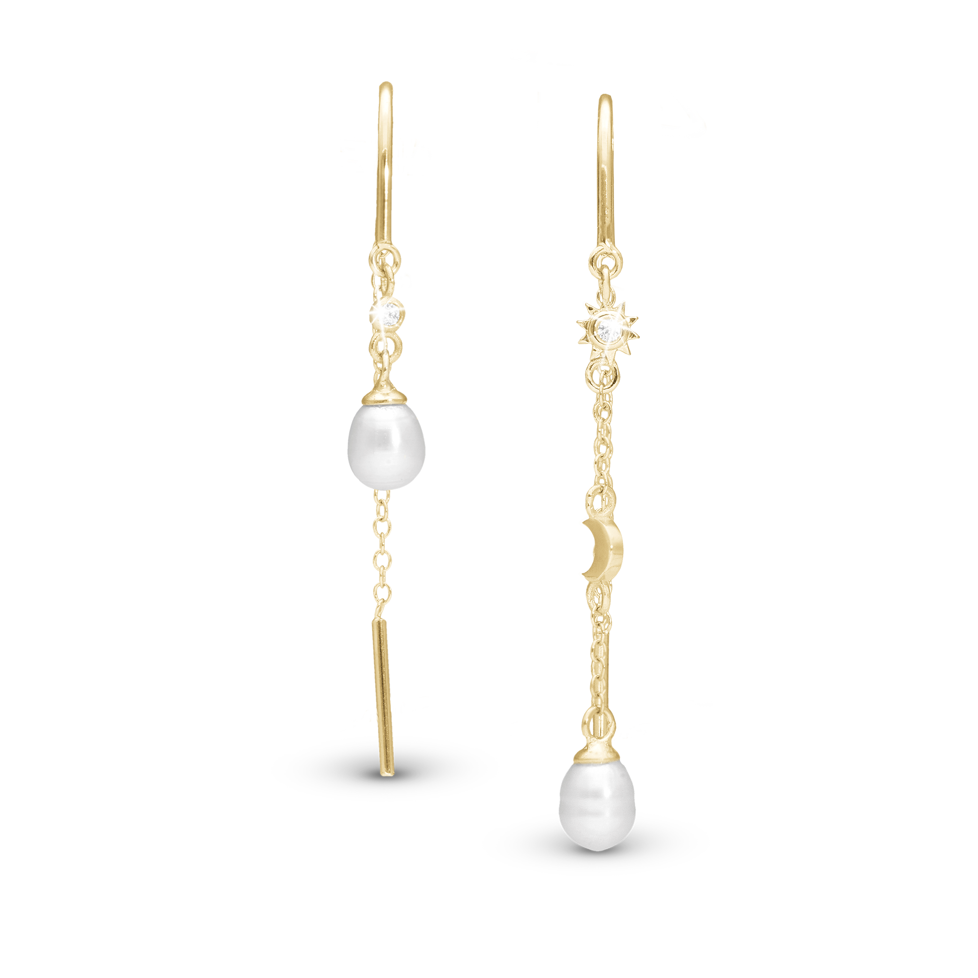 Day & Night Dangle Earring - Polished Gold Plated Sterling Silver with 2 white  Sparkling Gold Plated Sterling Silver with 6 white Freshwater Pearls
