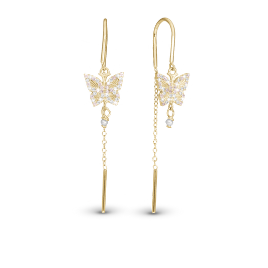 Sparkling Butterfly Dangle Earring - Polished Gold Plated Sterling Silver with 40 white Cubic Zirkonia
