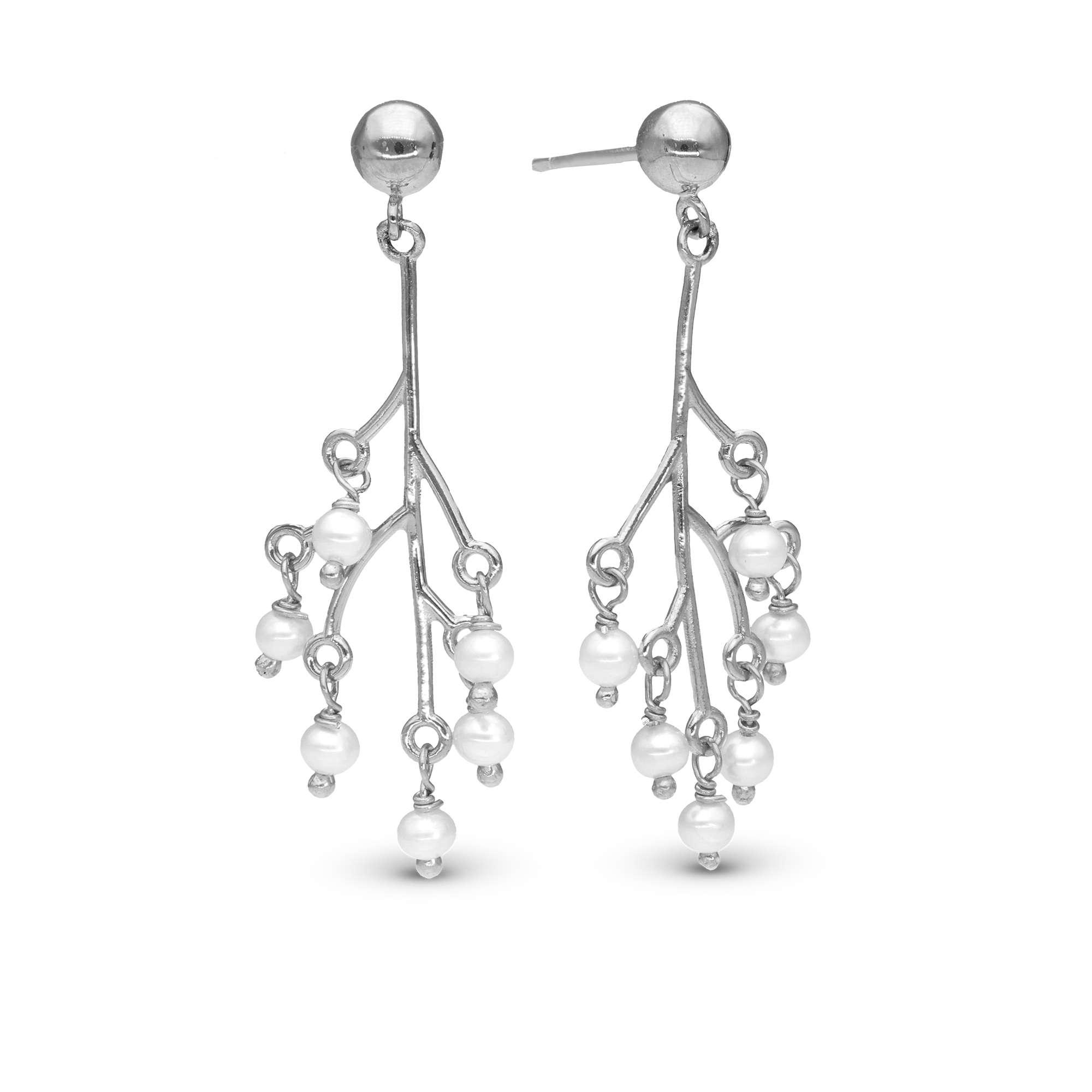 Cherry Tree Dangle Earring - Polished Sterling Silver with 12 white Freshwater pearls